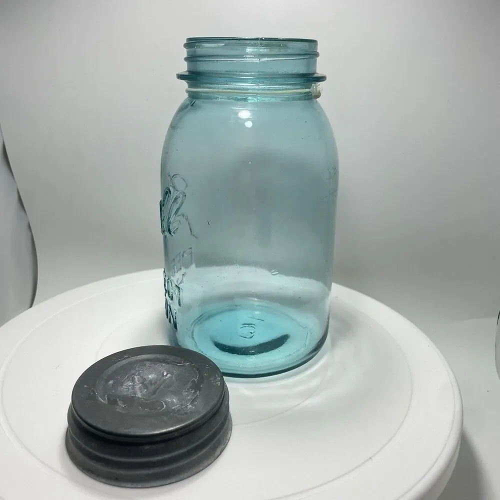Vtg Ball Perfect Mason Green Glass Jar w Zinc Lid Wide Mouth Quart #4